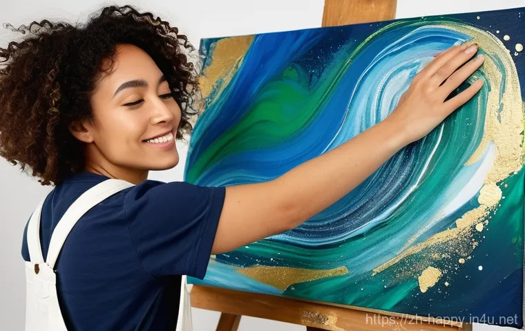 행복을 위한 예술과 창작 활동 - **Fluid Art: A Dance of Colors and Calm**
    "A young woman, mid-20s, with short, curly hair, is de...
