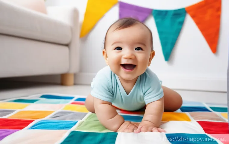 행복을 위한 감성적 자아 찾기 - A joyful, expressive baby, wearing a clean, soft diaper, giggling while reaching for a plush, colorf...