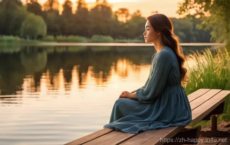 행복한 인생을 위한 철학 - **Prompt for appreciating life's simple moments:**
    A young woman with a serene expression, dress...