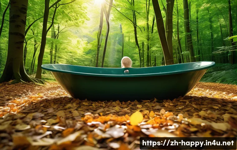 행복을 위한 자연과의 관계 - A serene forest scene showcasing a middle-aged person enjoying a mindful forest bath, walking barefo...