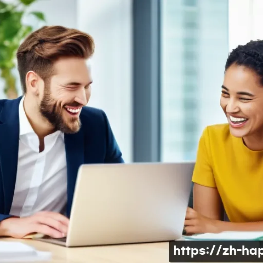 행복을 위한 웃음의 힘 - A diverse group of office colleagues sharing a genuine moment of laughter during a bright, modern te...