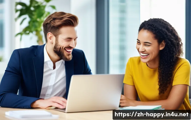 행복을 위한 웃음의 힘 - A diverse group of office colleagues sharing a genuine moment of laughter during a bright, modern te...