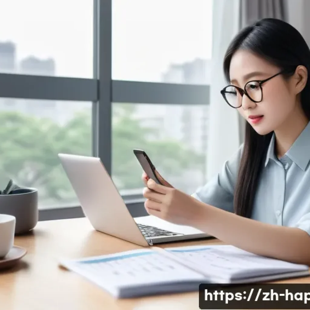 행복한 삶을 위한 돈 관리 - A modern Chinese young professional woman sitting at a minimalist desk in a bright, cozy apartment, ...