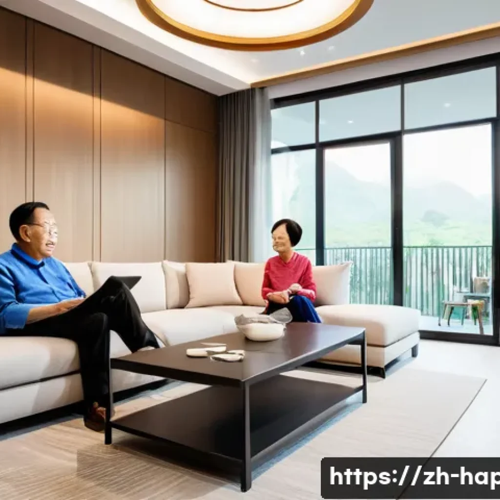 행복한 노후 계획 - An elegant elderly Chinese couple in a modern, well-lit living room with smart home devices visible&mdash;...