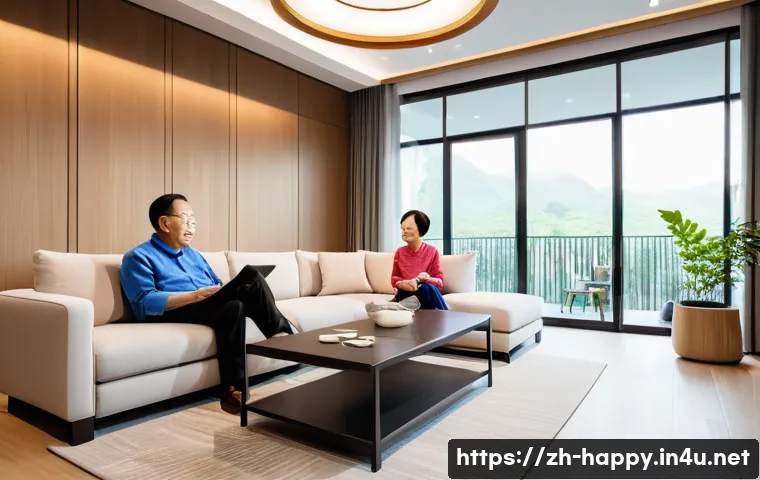 행복한 노후 계획 - An elegant elderly Chinese couple in a modern, well-lit living room with smart home devices visible&mdash;...