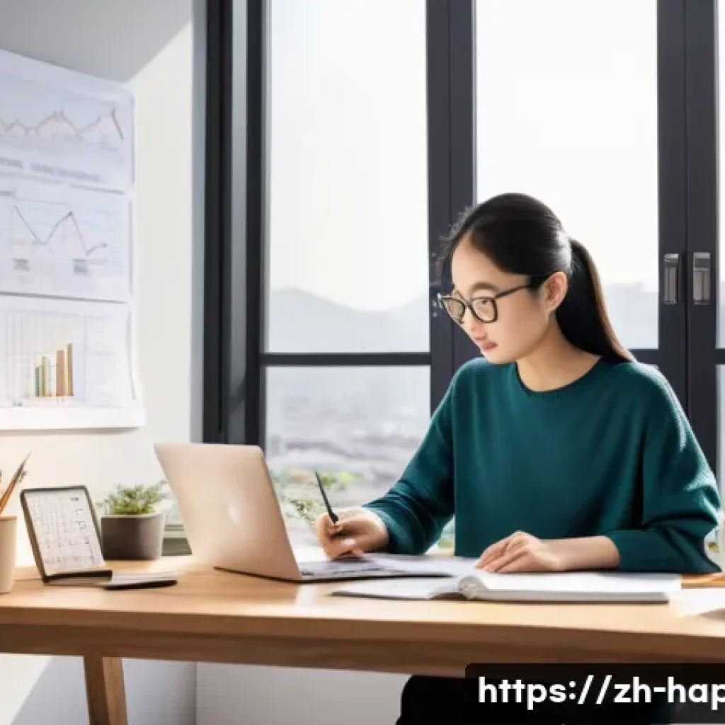행복을 위한 삶의 목표 설정하기 - A modern minimalist home office scene with a young Chinese adult woman thoughtfully planning her goa...