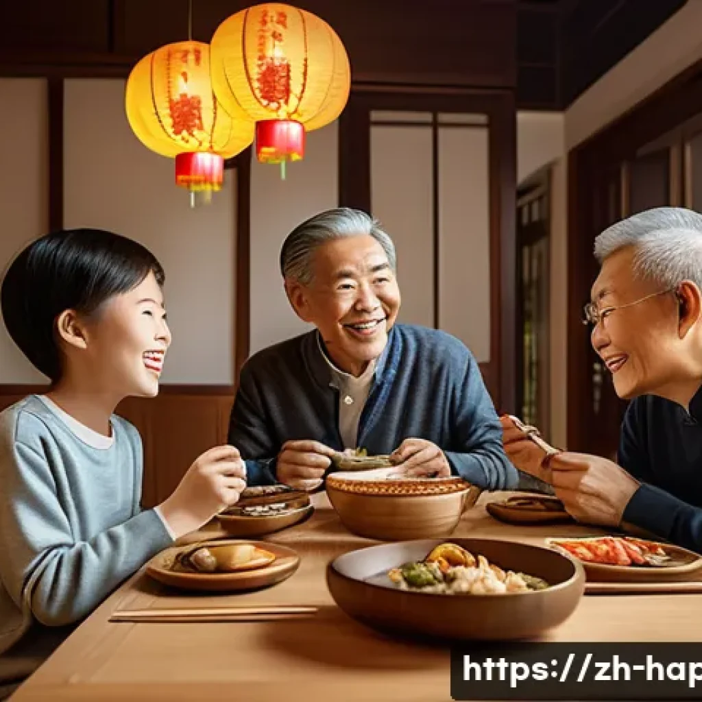 행복을 위한 가족과의 시간 만들기 - A warm and cozy family dinner scene set in a modern Chinese home, featuring three generations sittin...
