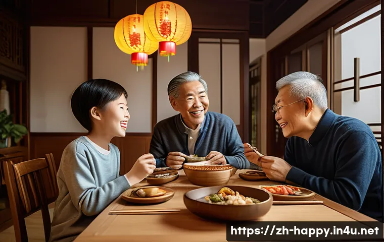 행복을 위한 가족과의 시간 만들기 - A warm and cozy family dinner scene set in a modern Chinese home, featuring three generations sittin...