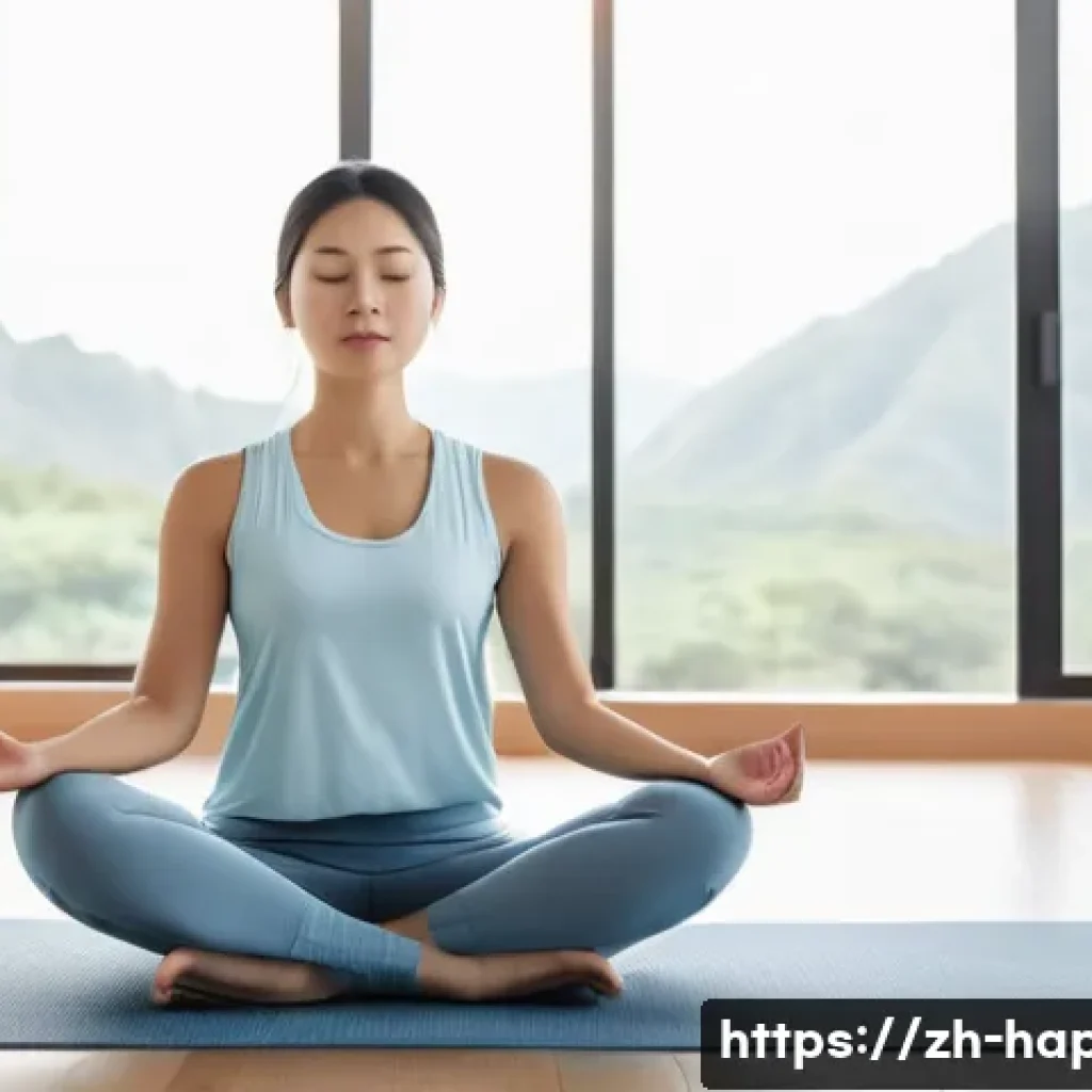 행복을 위한 평화로운 마음 만들기 - A serene modern bedroom scene at dawn, featuring a young Chinese woman practicing meditation on a si...