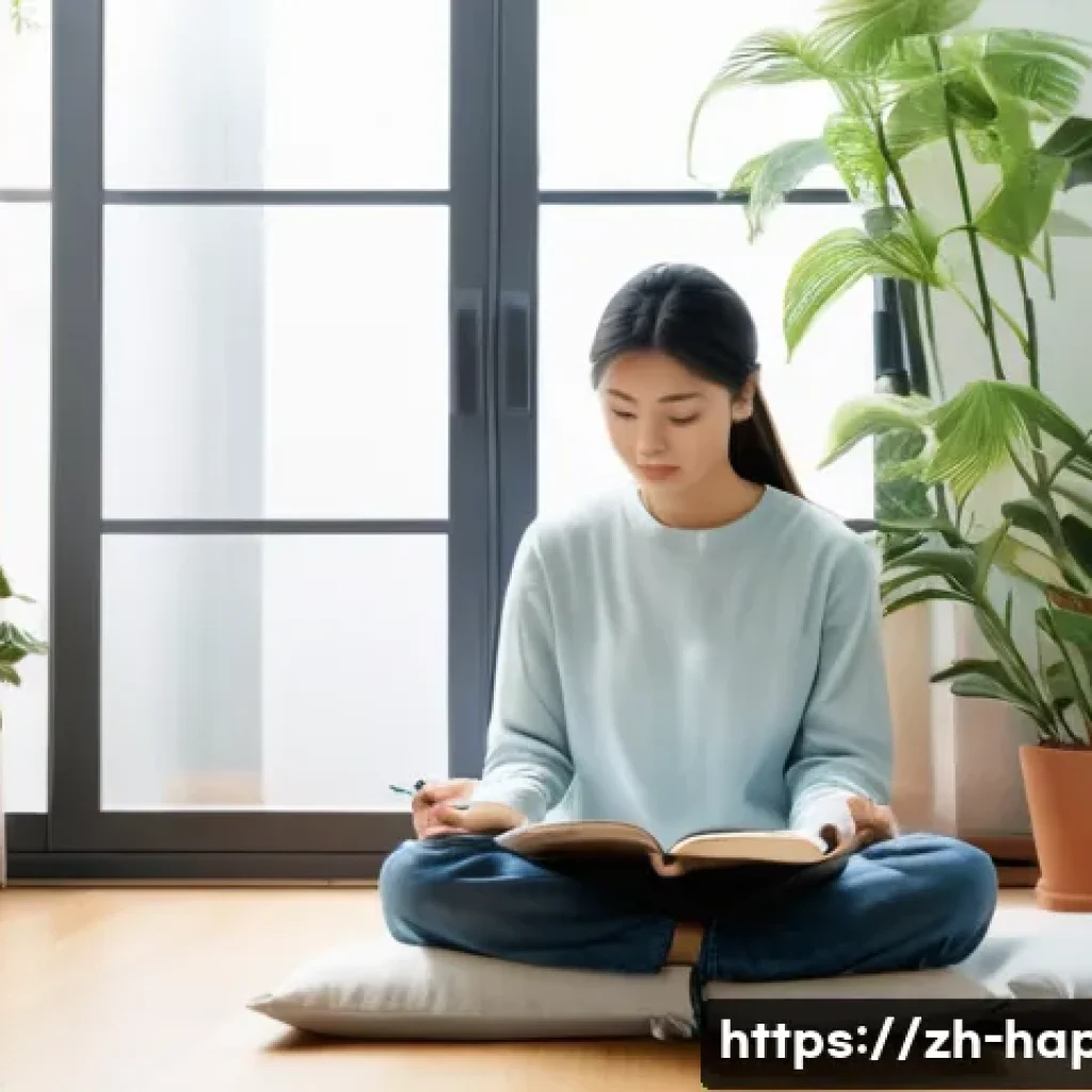 행복한 결정을 내리는 법 - A serene, modern study room with soft natural light filtering through a large window, a young Asian ...