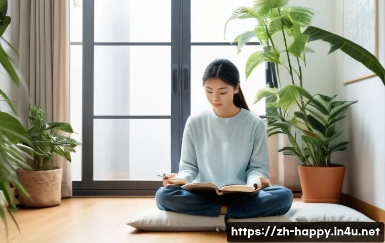 행복한 결정을 내리는 법 - A serene, modern study room with soft natural light filtering through a large window, a young Asian ...