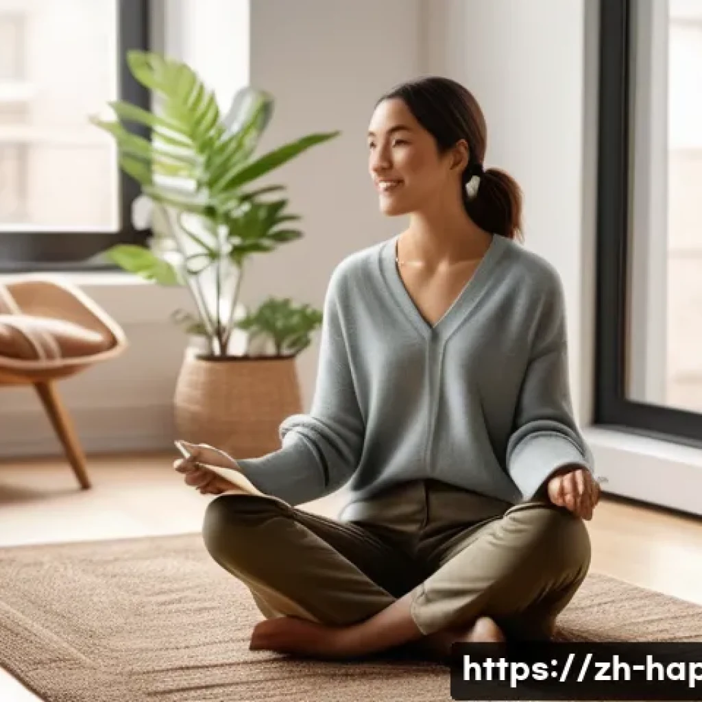 행복을 위한 심리학적 기법 - A serene and cozy modern living room with soft natural lighting filtering through large windows, fea...