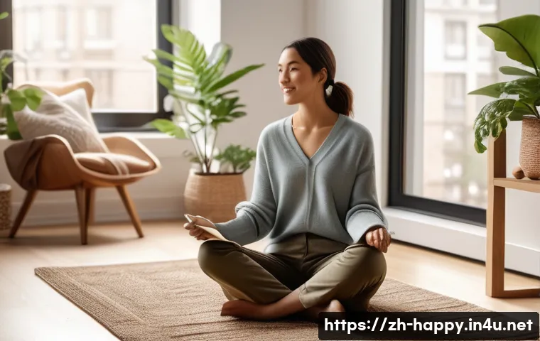행복을 위한 심리학적 기법 - A serene and cozy modern living room with soft natural lighting filtering through large windows, fea...