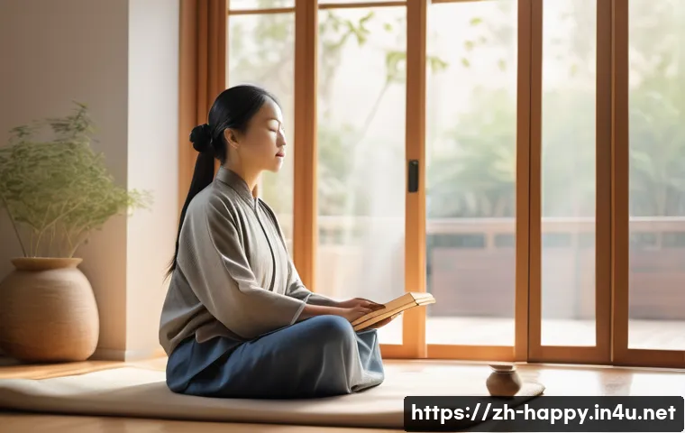 행복한 자아 찾기 - A serene modern Chinese woman practicing mindfulness meditation in a minimalist, sunlit room with la...