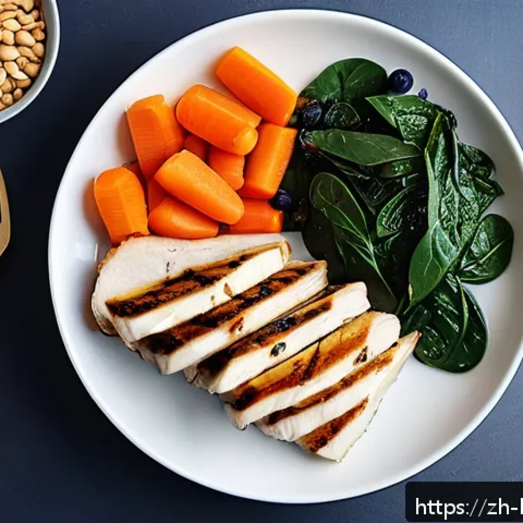 행복을 위한 건강한 식습관 - A vibrant and colorful healthy meal plate featuring a balanced portion of protein, fats, and carbohy...