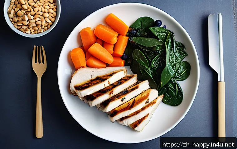 행복을 위한 건강한 식습관 - A vibrant and colorful healthy meal plate featuring a balanced portion of protein, fats, and carbohy...