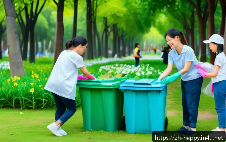 행복을 위한 사회적 책임 - A diverse group of volunteers wearing casual clothes and gloves, happily cleaning a community park w...