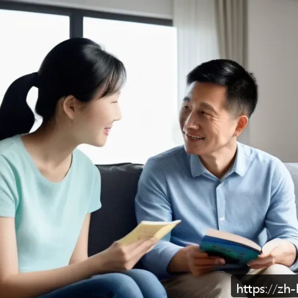 행복한 육아와 양육 - A warm family scene in a modern Chinese home, showing a parent attentively listening to their young ...