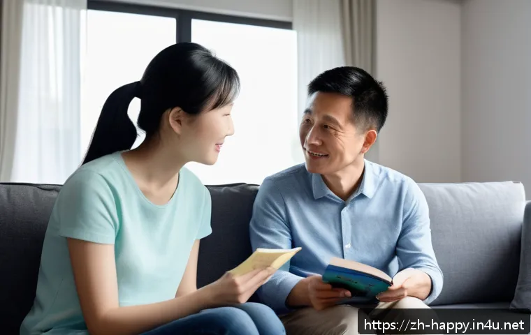 행복한 육아와 양육 - A warm family scene in a modern Chinese home, showing a parent attentively listening to their young ...