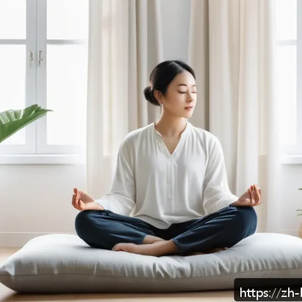 행복을 위한 자아실현 - A serene modern bedroom scene with a young adult sitting cross-legged on a cozy floor cushion, eyes ...