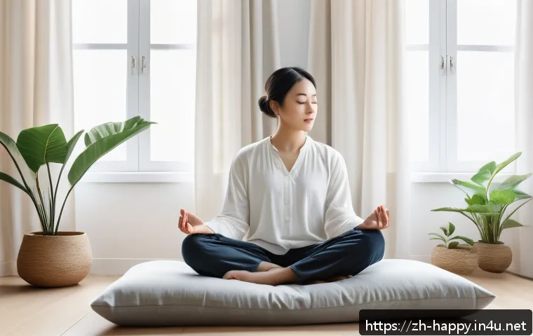 행복을 위한 자아실현 - A serene modern bedroom scene with a young adult sitting cross-legged on a cozy floor cushion, eyes ...