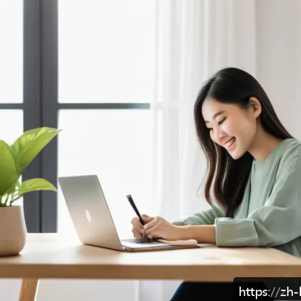 행복을 위한 강력한 동기 부여 - A serene modern home office scene with a neatly organized desk featuring a laptop, a small green pot...