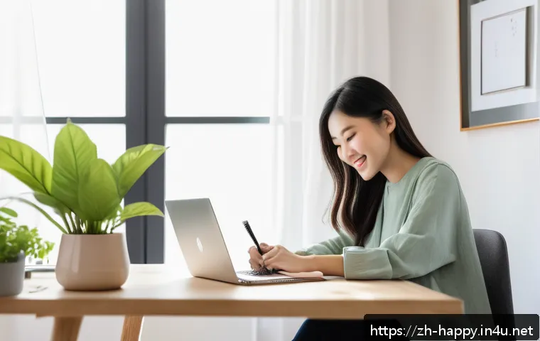 행복을 위한 강력한 동기 부여 - A serene modern home office scene with a neatly organized desk featuring a laptop, a small green pot...