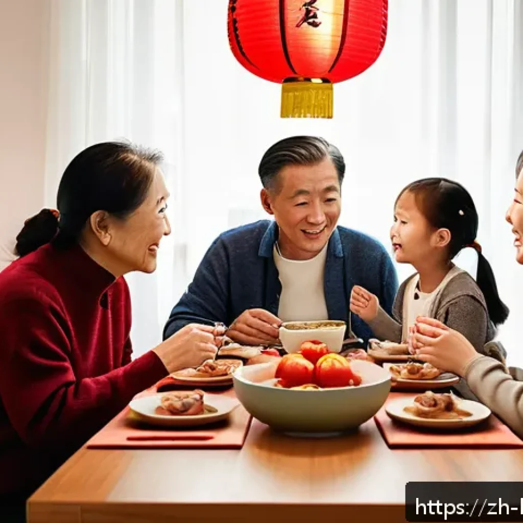 행복한 가정 만들기 - A warm and cozy family dinner scene in a modern Chinese home, featuring three generations sitting ar...