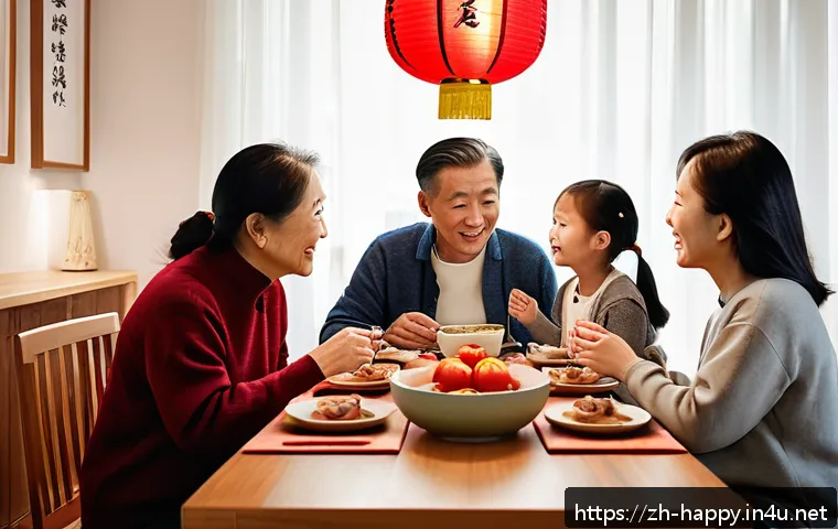 행복한 가정 만들기 - A warm and cozy family dinner scene in a modern Chinese home, featuring three generations sitting ar...