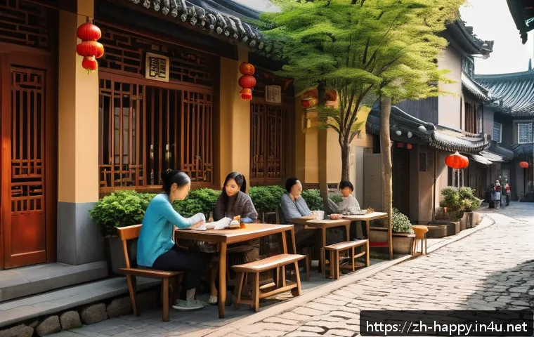 행복한 사람들의 여행 스타일 - A serene street corner in a quaint Chinese town bathed in warm sunlight, featuring a cozy outdoor ca...
