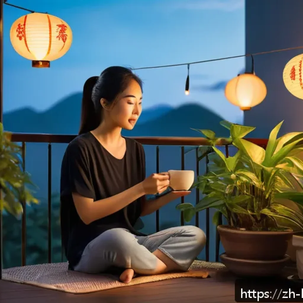 행복을 위한 자기 관리 방법 - A serene, modern balcony scene at dusk featuring a young Asian woman in comfortable casual wear, sit...