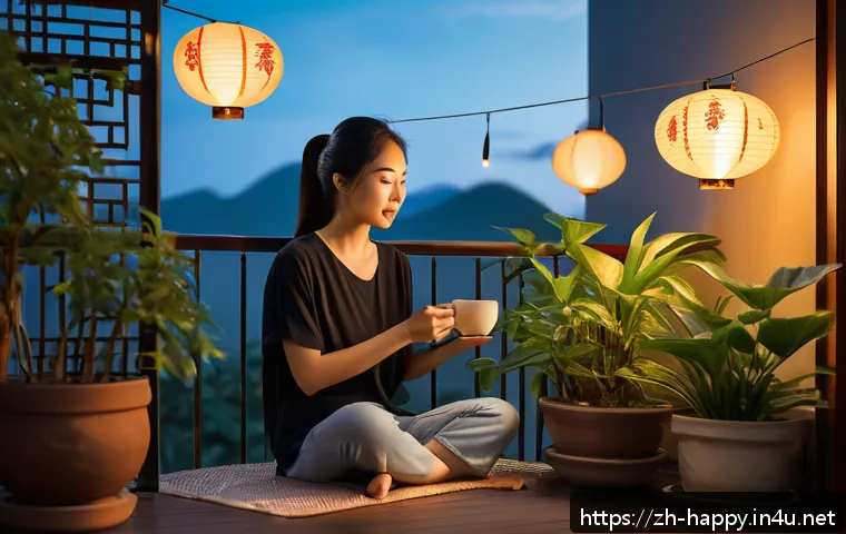 행복을 위한 자기 관리 방법 - A serene, modern balcony scene at dusk featuring a young Asian woman in comfortable casual wear, sit...
