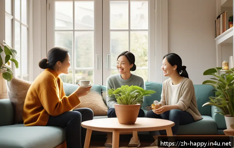행복을 위한 영감을 주는 영화 - A serene and cozy living room scene bathed in warm, soft natural light filtering through large windo...