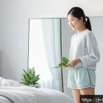 행복을 찾는 방법 - A serene morning scene featuring a young Chinese woman standing in front of a mirror in a modern bed...