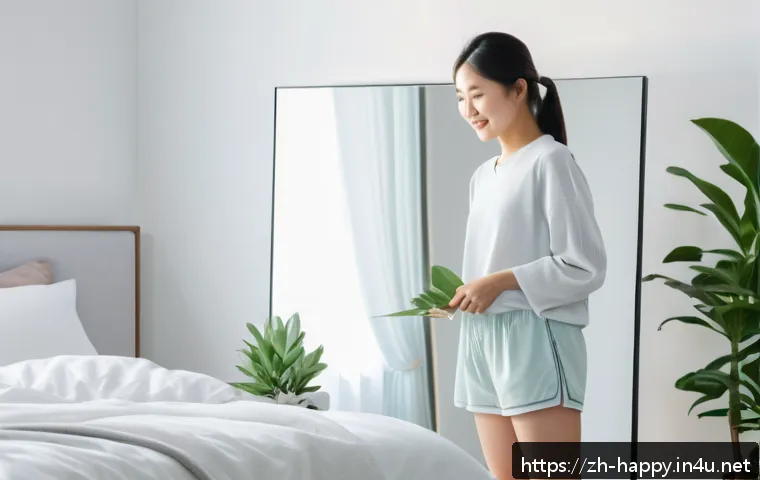 행복을 찾는 방법 - A serene morning scene featuring a young Chinese woman standing in front of a mirror in a modern bed...