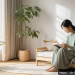 행복한 소확행 - A cozy, sunlit morning scene inside a minimalist bedroom with soft curtains filtering gentle sunligh...