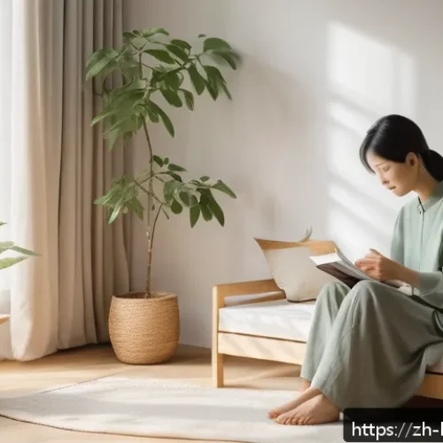 행복한 소확행 - A cozy, sunlit morning scene inside a minimalist bedroom with soft curtains filtering gentle sunligh...