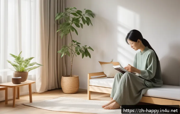행복한 소확행 - A cozy, sunlit morning scene inside a minimalist bedroom with soft curtains filtering gentle sunligh...