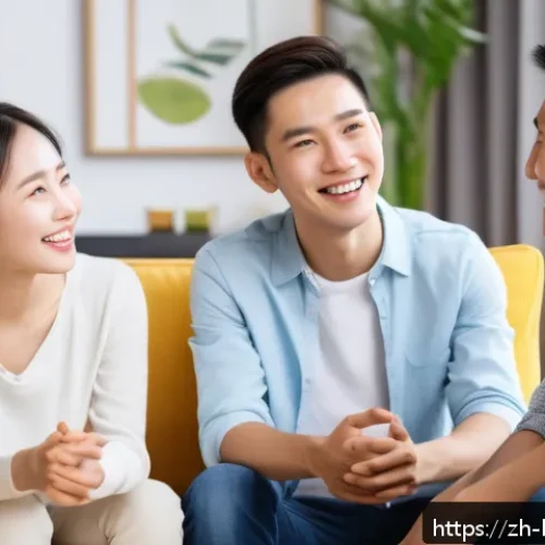 행복을 위한 사회적 연결망 만들기 - A warm and inviting modern living room scene showing a diverse group of friends engaged in sincere c...