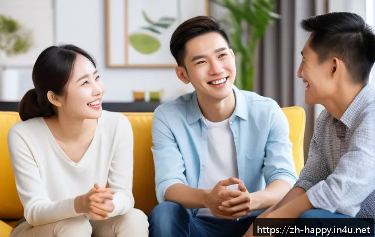 행복을 위한 사회적 연결망 만들기 - A warm and inviting modern living room scene showing a diverse group of friends engaged in sincere c...