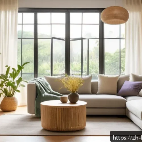 행복을 위한 환경 변화 - A serene and cozy modern living room bathed in warm natural sunlight streaming through translucent c...