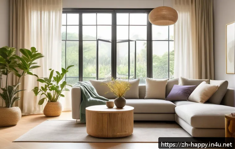 행복을 위한 환경 변화 - A serene and cozy modern living room bathed in warm natural sunlight streaming through translucent c...