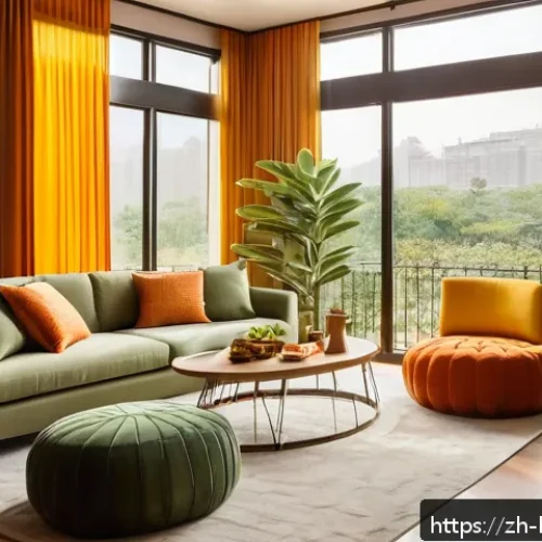 행복한 사람들의 집 꾸미기 - A cozy modern living room bathed in warm orange and yellow tones, featuring soft lighting that creat...