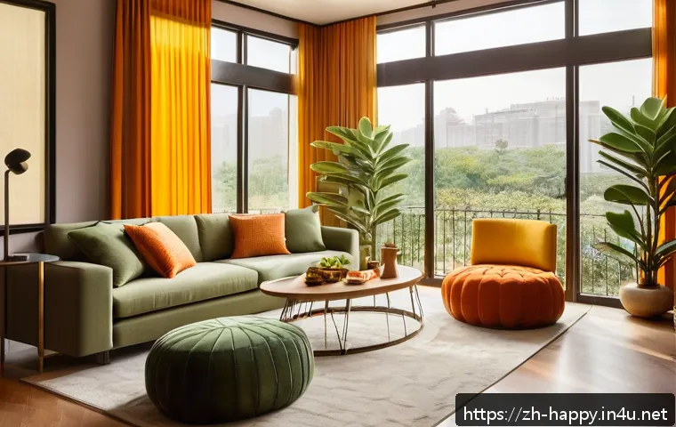 행복한 사람들의 집 꾸미기 - A cozy modern living room bathed in warm orange and yellow tones, featuring soft lighting that creat...