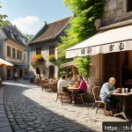 행복한 사람들의 여행 습관 - A serene European small town caf&eacute; scene during a sunny afternoon, featuring a relaxed traveler sitti...