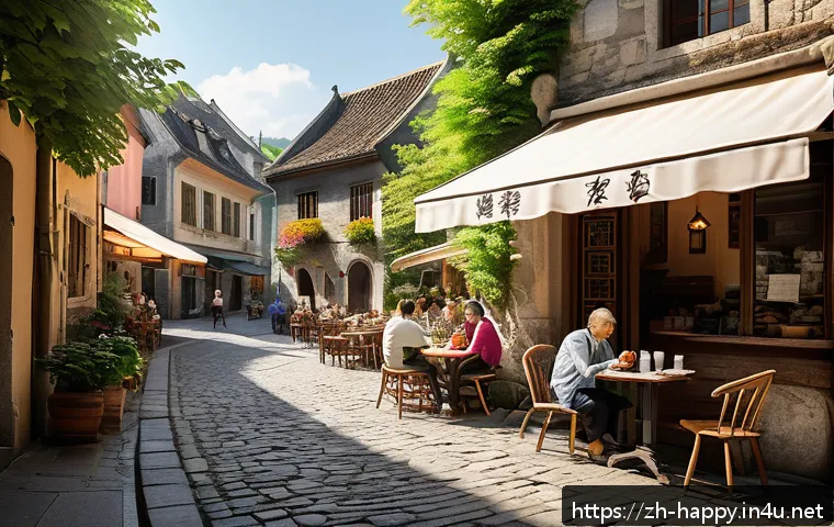행복한 사람들의 여행 습관 - A serene European small town caf&eacute; scene during a sunny afternoon, featuring a relaxed traveler sitti...