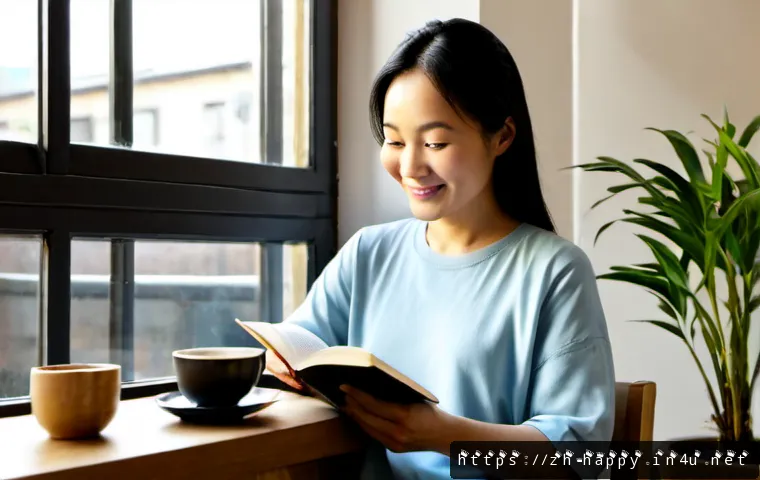 행복한 사람들의 독서 습관 - Photorealistic morning reading ritual, a cheerful Chinese woman in her early 40s sitting by a sunlit...