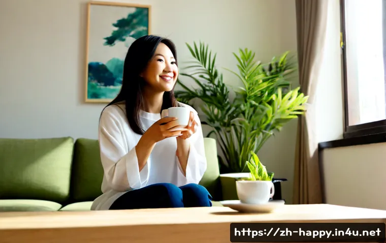 행복을 위한 미니멀 라이프 - Photorealistic sunlit minimalist living room designed for happiness and calm, a smiling middle-aged ...