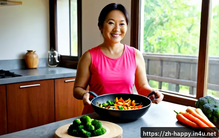 행복을 위한 간단한 요리법 - Photorealistic bright home kitchen, smiling middle-aged Asian woman preparing a simple colorful vege...