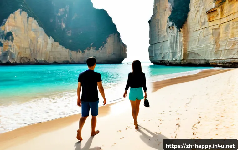 행복한 여행지 추천 - Photorealistic coastal travel destination at sunrise, a joyful couple in casual summer clothing walk...